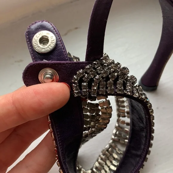 Manolo Blahnik Purple Satin Pointy Toe Heels with Rhinestone Ankle Strap, 37.5 - Picture 9 of 13